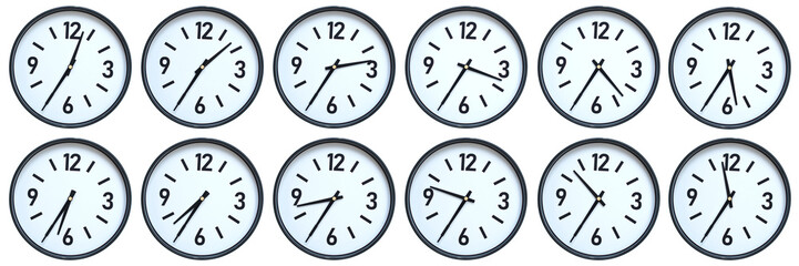 Set of photography of Isolated Minimalist Round Wall Clocks with Black Frames Showing Different...