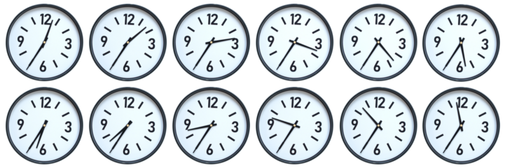 Set of photography of Isolated Minimalist Round Wall Clocks with Black Frames Showing Different Times from 12:35 to 11:35 for Deadline and Time Management Concepts