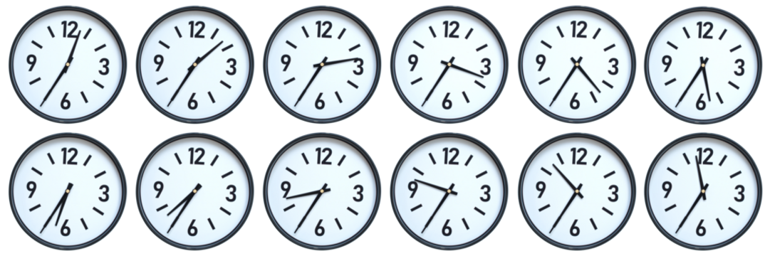 Set of photography of Isolated Minimalist Round Wall Clocks with Black Frames Showing Different Times from 12:35 to 11:35 for Deadline and Time Management Concepts
