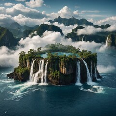 A floating island with waterfalls cascading into the clouds below.