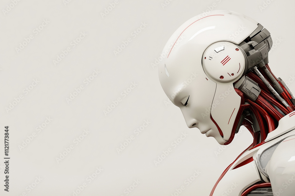 Poster futuristic humanoid robot with sleek design and intricate features on neutral background