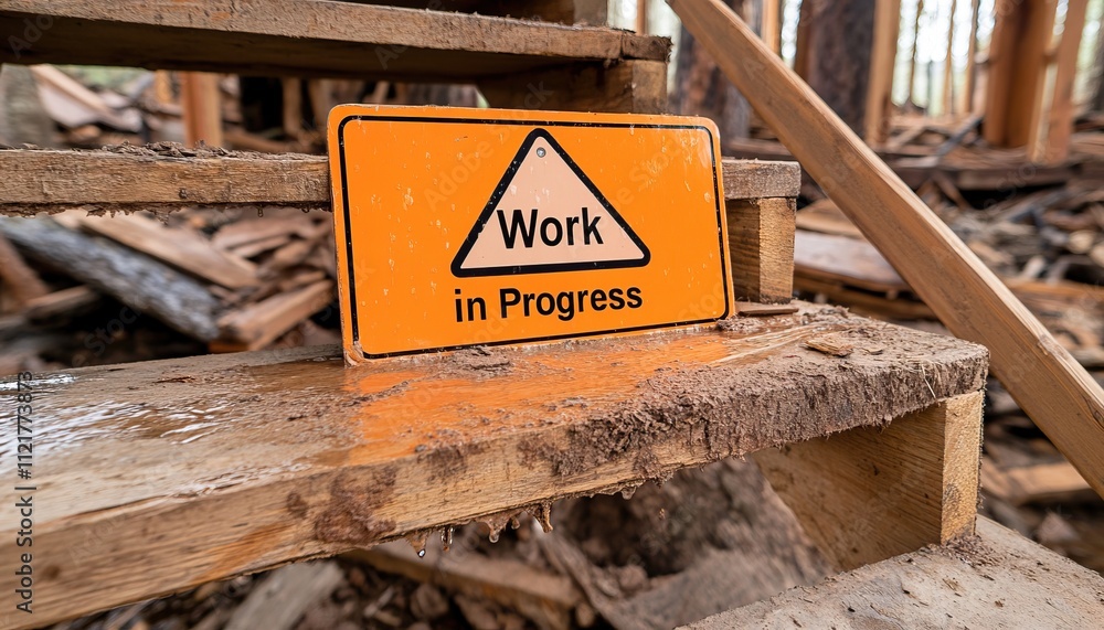 Poster a cautionary sign on wooden steps indicates ongoing construction with a message stating 
