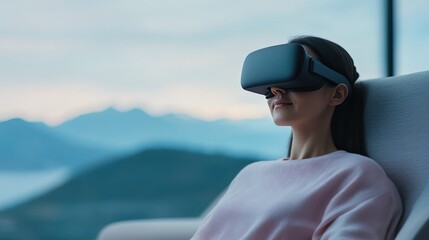 Fototapeta premium A woman wearing a VR headset relaxes on a couch, enjoying an immersive experience with a scenic backdrop.