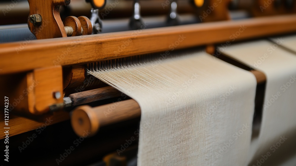 Poster a close-up of a weaving machine showcasing the intricate process of fabric production, highlighting 
