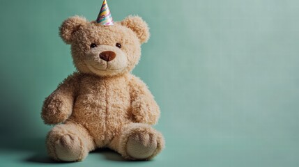 Fototapeta premium A teddy bear with a small birthday hat on a soft green background