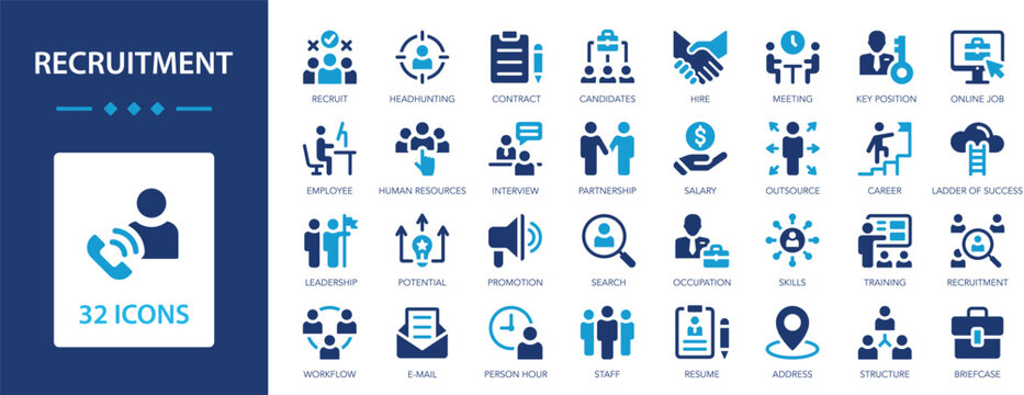 Recruitment flat icons collection. Searching for and attracting employees and staff. Human resource, headhunting, career, resume, job hiring.