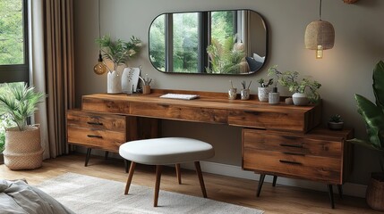 Modern wooden vanity with drawers, mirror, and stool in a minimalist bedroom.
