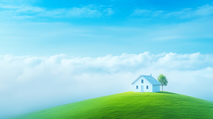 Fototapeta premium Serene white house atop a green hill amidst fluffy clouds under blue sky