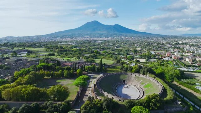 Pompeii and Mount Vesuvius from a drone, Naples, Campania, Italy