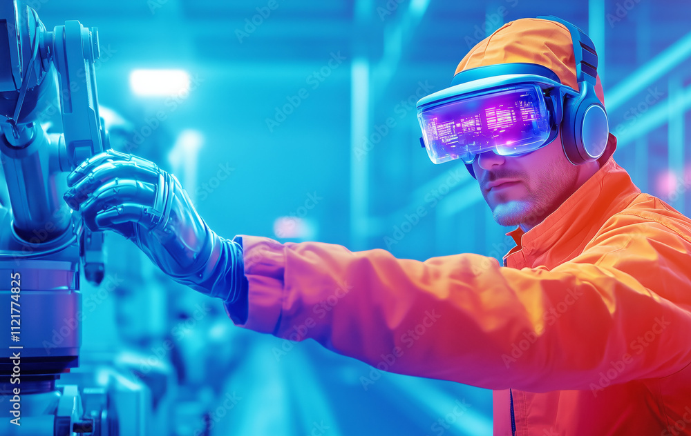 Aufkleber worker interacts with robotic arm using virtual reality technology in a high-tech facility