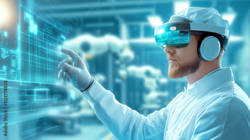 Poster innovative technologist using virtual reality to interact with robotic systems in a lab