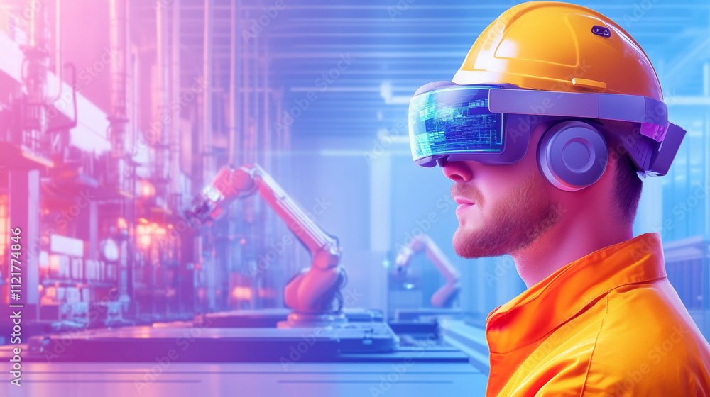Poster worker using a vr headset in an advanced manufacturing factory