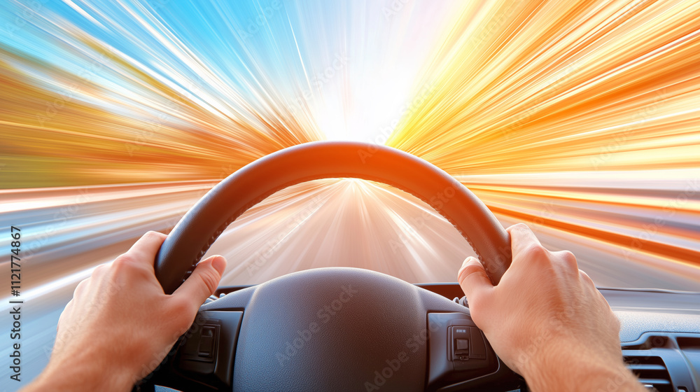 Poster driving fast on a highway with vibrant colors and motion blur capturing speed and freedom