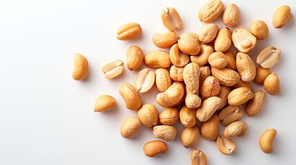 Roasted peanuts and cashews scattered on white background.