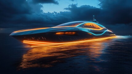 Obraz premium Futuristic yacht illuminated on dark waters 