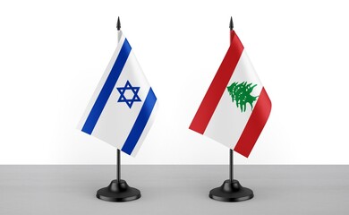 Image of the table flag of Israel and Lebanon countries. White background. Close-up flags. High...
