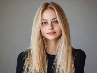 Fototapeta premium Beautiful blonde girl with long, straight, healthy, and shiny hair, wearing a white top, isolated on a gray background