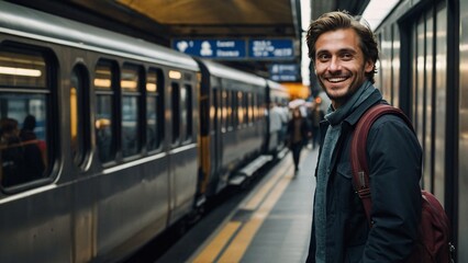 Joyful Traveler at Train Station: A smiling man with a backpack waits at a train station platform, ready for his journey.  The image evokes a sense of adventure and anticipation.