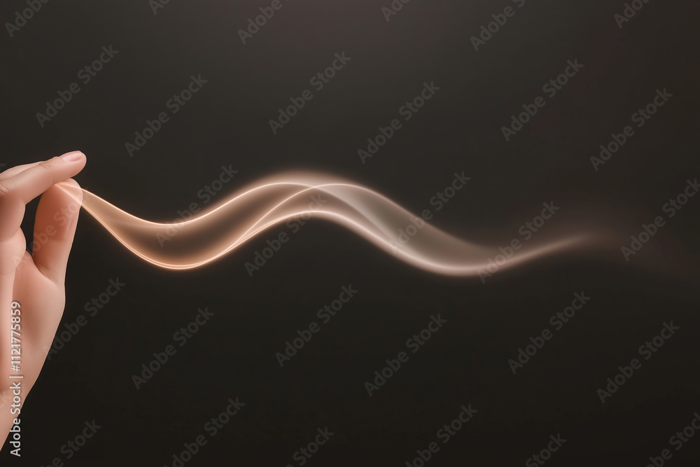 Poster creating flowing light patterns with a hand against a dark background