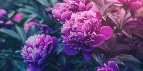 Fototapeta premium close up pink peony flower blooming violet purple gradient Pale color background
