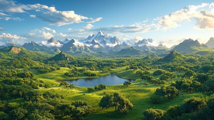 A serene landscape showcasing lush green hills, a tranquil lake, and majestic mountains under a bright blue sky, perfect for nature enthusiasts.