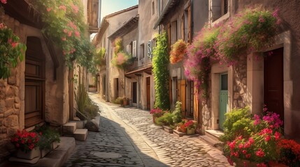 Fototapeta premium Sunlit Cobblestone Street With Blooming Flower Boxes