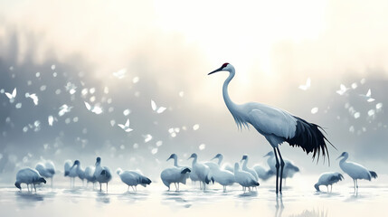Obraz premium A majestic crane stands out among a serene flock, showcasing nature's beauty in landscape photography, with graceful birds harmonizing in their tranquil outdoor habitat. Harmonic. Illustration