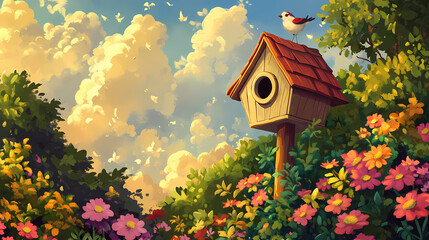 A quaint birdhouse stands atop a post, set against a peaceful backdrop of vibrant nature, surrounded by blooming flowers and rich greenery, harmonizing with the landscape. Harmonic. Illustration