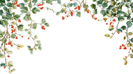 A decorative vector border featuring rich green branches, golden ornaments, and red berries, elegantly framing a white background.