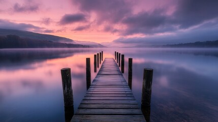 Fototapeta premium Serene sunrise, misty lake, wooden dock.