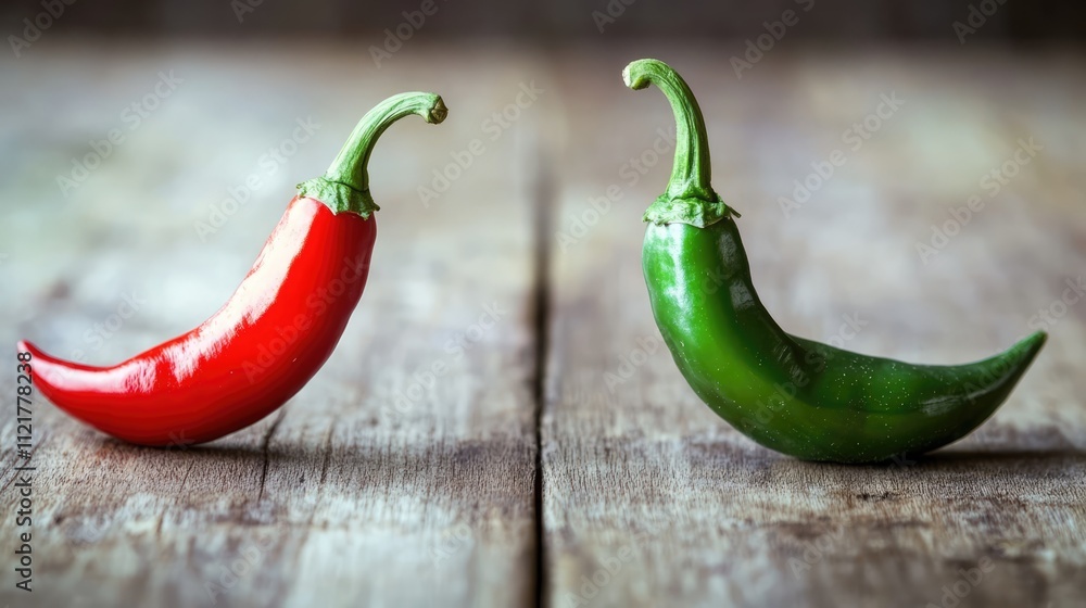Aufkleber red and green chilies on wooden surface showcasing their vibrant colors and natural textures in a fr
