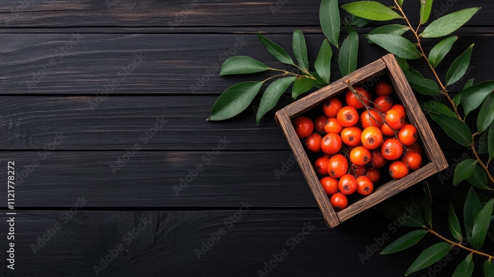 Poster Fresh red rowanberries in wooden box with leaves on black wooden background overhead view empty space for text or branding.