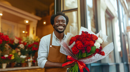 A cheerful flower shop owner stands in front of his store, proudly holding a large bouquet of red roses wrapped in decorative paper