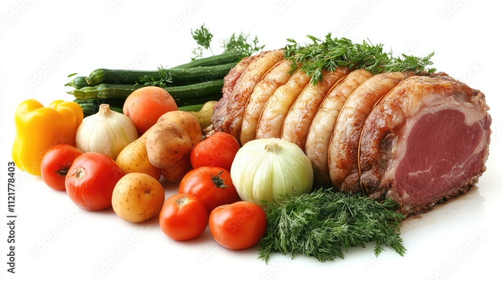 Poster roast pork with fresh vegetables arranged on a clean white background showcasing a delicious culinar