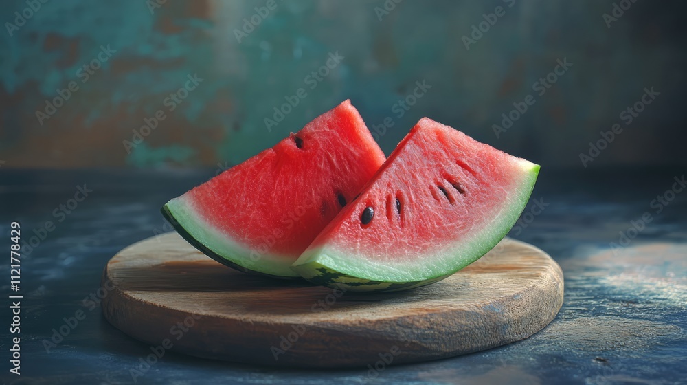 Aufkleber freshly sliced watermelon wedges displayed on a rustic wooden board against a textured background re