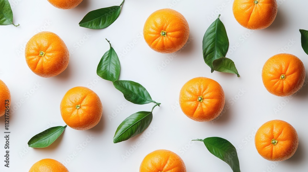 Aufkleber fresh ripe tangerines with green leaves arranged on a clean white background for a vibrant fruit dis