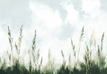 自然の草原と穏やかな空の融合が描かれた風景