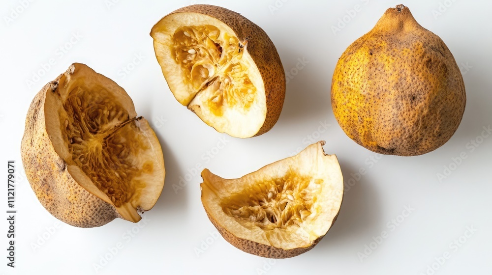 Poster santol fruit halves and whole fruit displayed on a clean white background showcasing its unique text