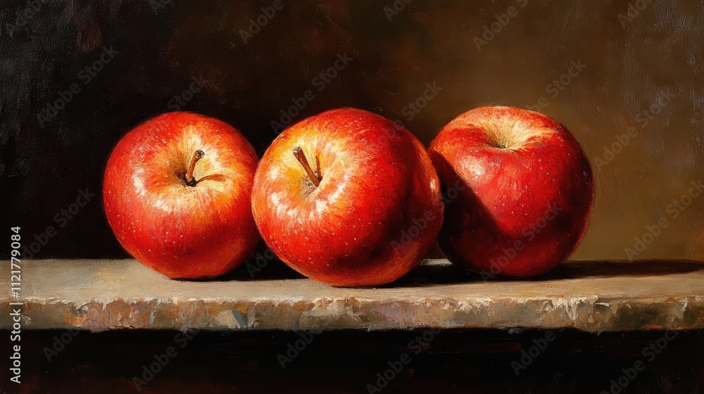 Aufkleber vibrant trio of ripe red apples artfully arranged on a rustic wooden surface against a softly lit ba