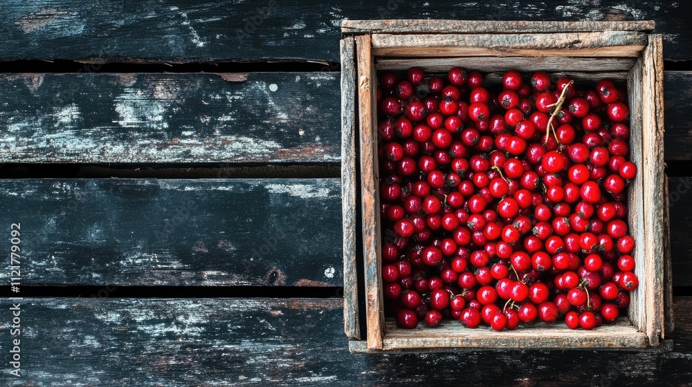 Poster Red rowanberries in a rustic wooden box on a dark wooden surface with ample space for text or design elements above the arrangement