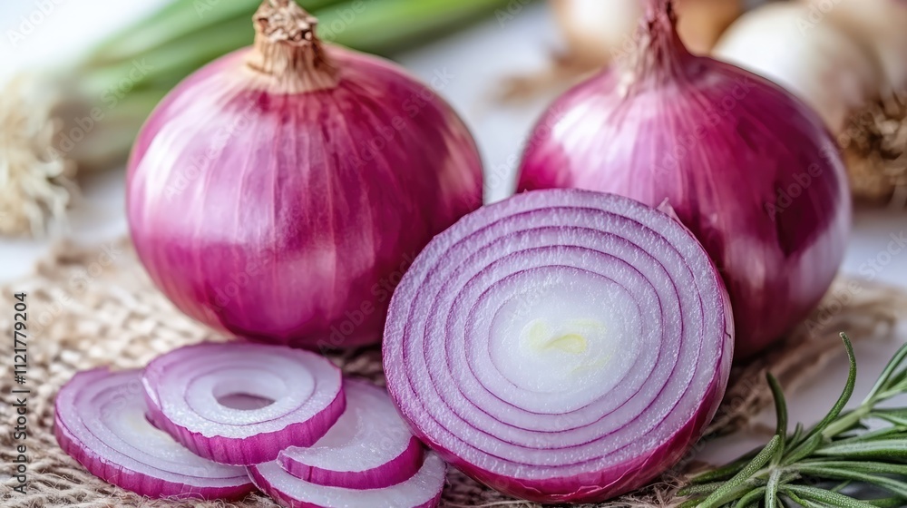 Poster Freshly sliced red onion with whole onions in the background on a rustic surface against a bright white backdrop.