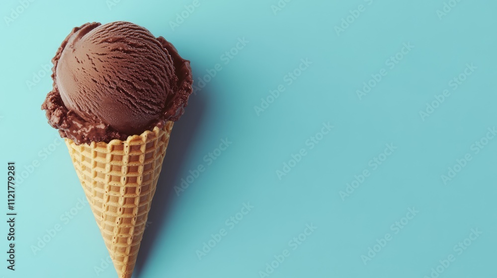 Poster chocolate ice cream scoop in a waffle cone positioned on a vibrant blue background perfect for summe