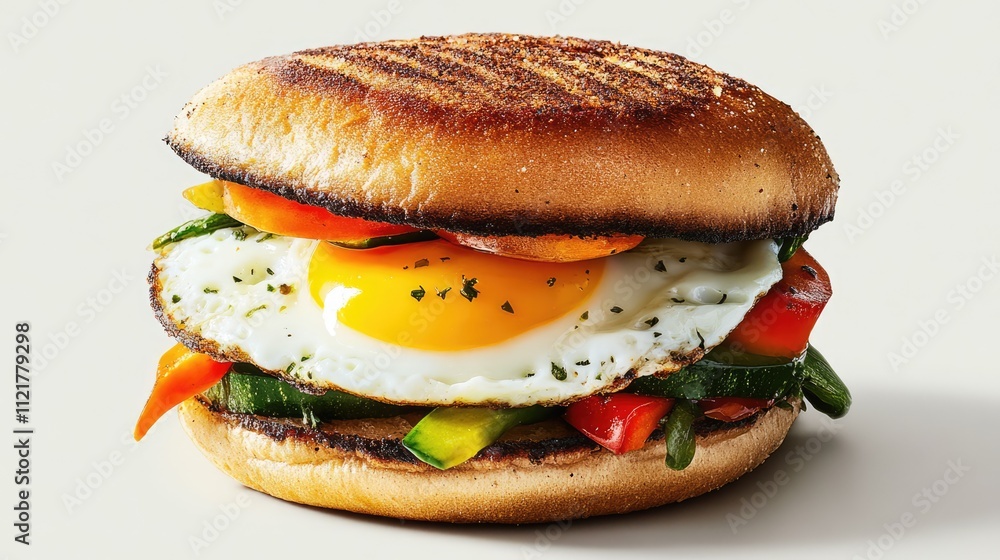 Poster breakfast sandwich with fried egg and fresh vegetables on toasted bun served on neutral background