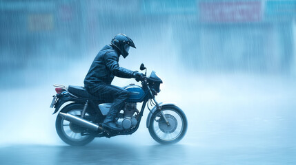 Fototapeta premium Rider navigates heavy rain on a motorcycle in urban setting