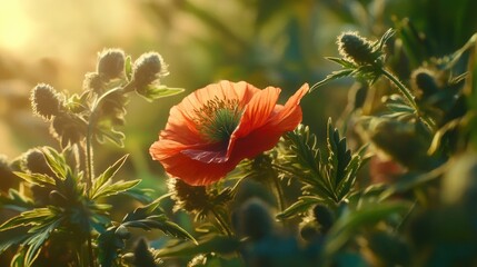 Vibrant red poppy flower among green buds with a blurred background focused on nature's beauty and floral detail