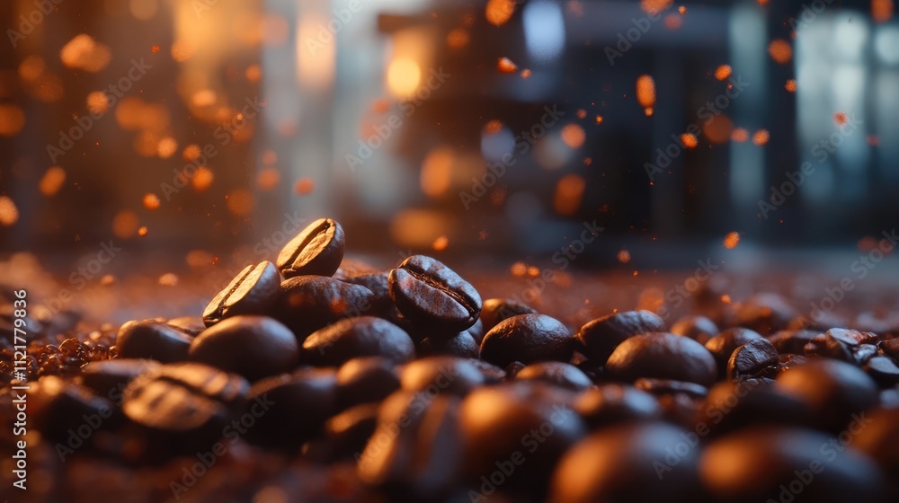 Aufkleber Close up of roasted coffee beans with a blurred background of warm lighting and particles creating an atmosphere of freshness and aroma