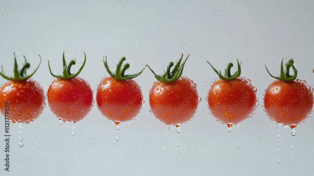 Poster fresh red tomatoes glistening with water droplets arranged in a row against a light background showc