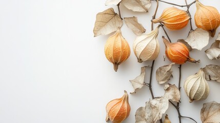Ripe physalis fruits with dry husk arranged on a white background showcasing their vibrant colors and unique textures