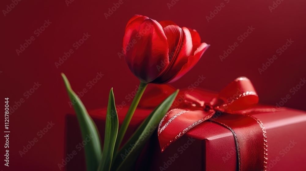 Poster red tulip on a red gift box with a bow symbolizing love and celebration in a romantic setting