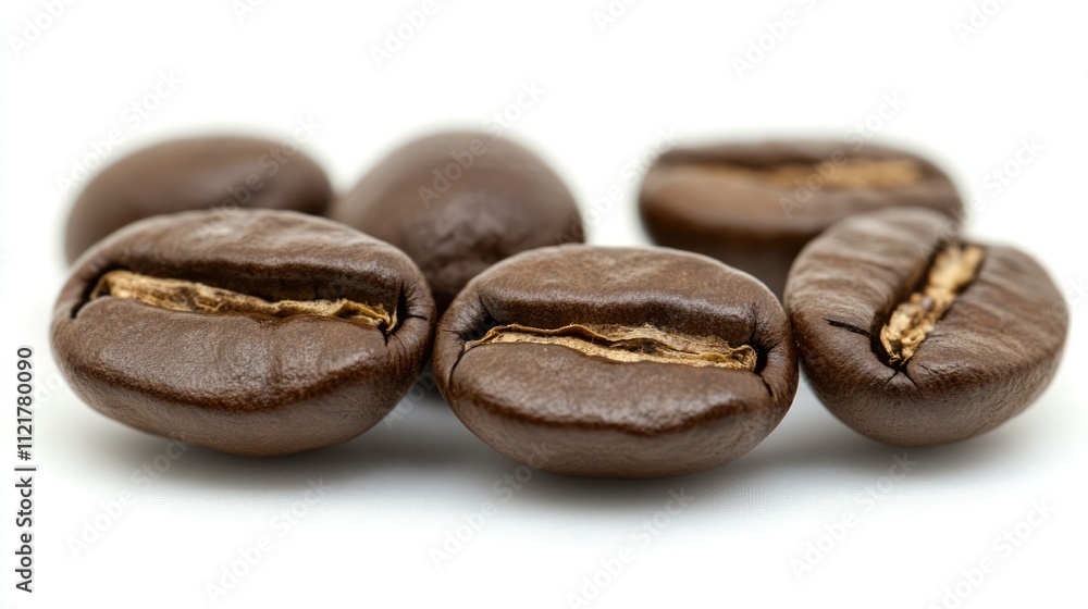 Poster close-up of roasted coffee beans isolated on a white background showcasing rich texture and detailed